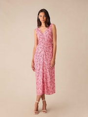 Ro&Zo Pink Petite Paisley Ruched Front V-Neck Midi Dress - Image 1 of 4