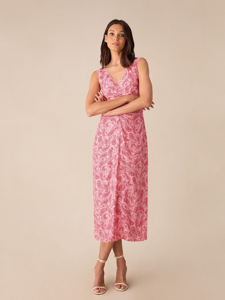 Ro&Zo Pink Petite Paisley Ruched Front V-Neck Midi Dress - Image 2 of 4