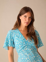 Ro&Zo Blue Petite Ditsy Floral Print Flutter Sleeve Midi Dress - Image 2 of 4