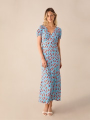 Ro&Zo Blue Leopard Print Puff Sleeve Midi Dress - Image 1 of 4