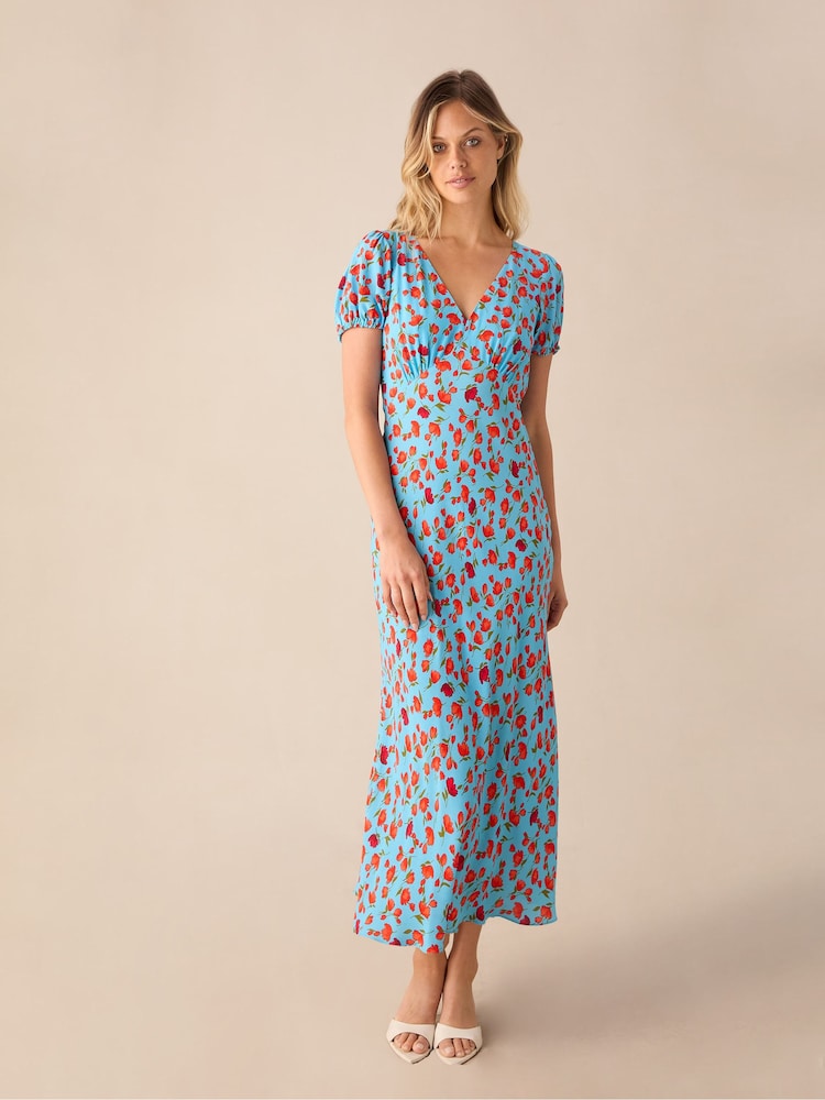 Ro&Zo Blue Leopard Print Puff Sleeve Midi Dress - Image 1 of 4