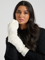 South Beach Cream Pearl Embellished Faux Fur Pom Hat And Matching Embellished Mittens Set - Image 2 of 6