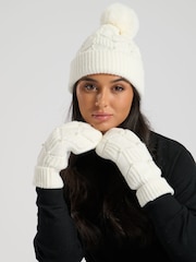South Beach Cream Pearl Embellished Faux Fur Pom Hat And Matching Embellished Mittens Set - Image 3 of 6