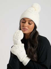 South Beach Cream Pearl Embellished Faux Fur Pom Hat And Matching Embellished Mittens Set - Image 4 of 6