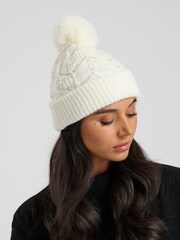 South Beach Cream Pearl Embellished Faux Fur Pom Hat And Matching Embellished Mittens Set - Image 5 of 6