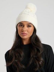 South Beach Cream Pearl Embellished Faux Fur Pom Hat And Matching Embellished Mittens Set - Image 6 of 6