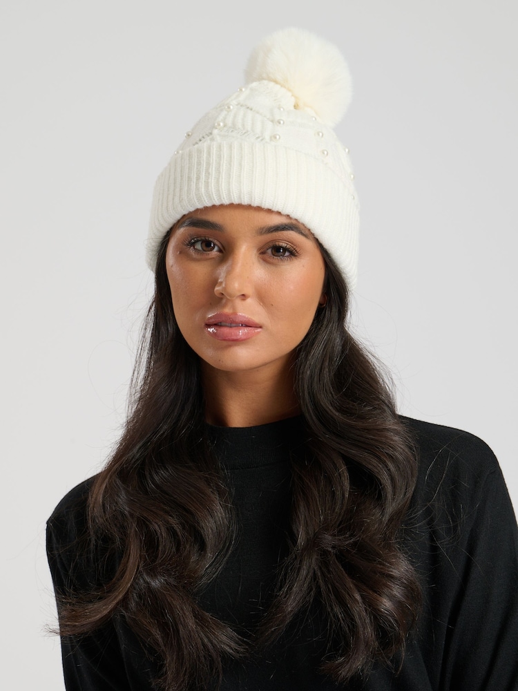 South Beach Cream Pearl Embellished Faux Fur Pom Hat And Matching Embellished Mittens Set - Image 6 of 6
