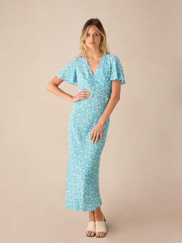 Blau - Ro&Zo Ditsy Floral  Print Flutter Sleeve Midi Kleid - Bild 1 von 3