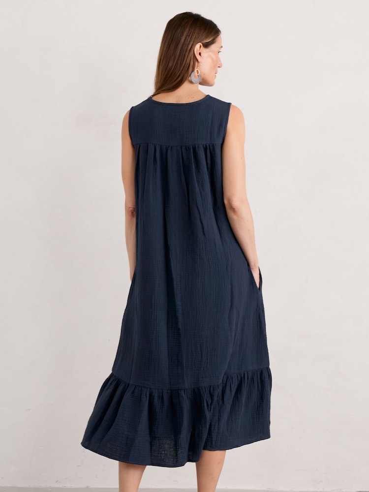 Seasalt Cornwall Blue Teaspoon Bay Sleeveless Tiered Midi Dress - Image 2 of 5 Seasalt Cornwall Blue Teaspoon Bay Sleeveless Tiered Midi Dress - Image 2 of 5