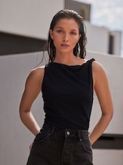 Black Twist Shoulder Jersey Top - Image 1 of 8