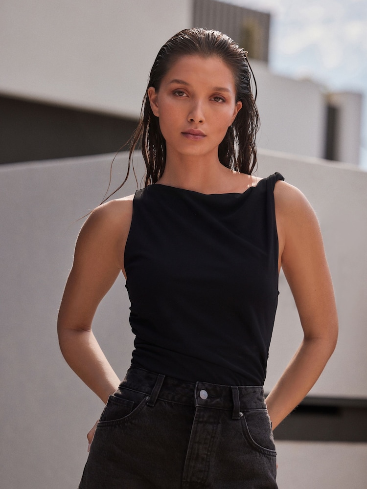 Black Twist Shoulder Jersey Top - Image 1 of 8