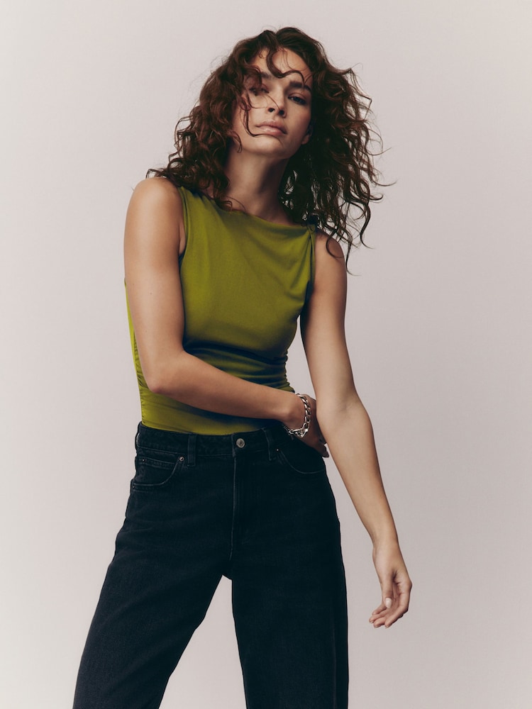 Оливково-зеленые - Twist Shoulder Jersey Top - Изображение 1 из 8