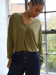 Olive Green Long Sleeve V-Neck Bubblehem Blouse - Image 1 of 7