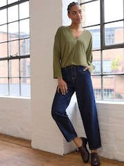Olive Green Long Sleeve V-Neck Bubblehem Blouse - Image 2 of 7