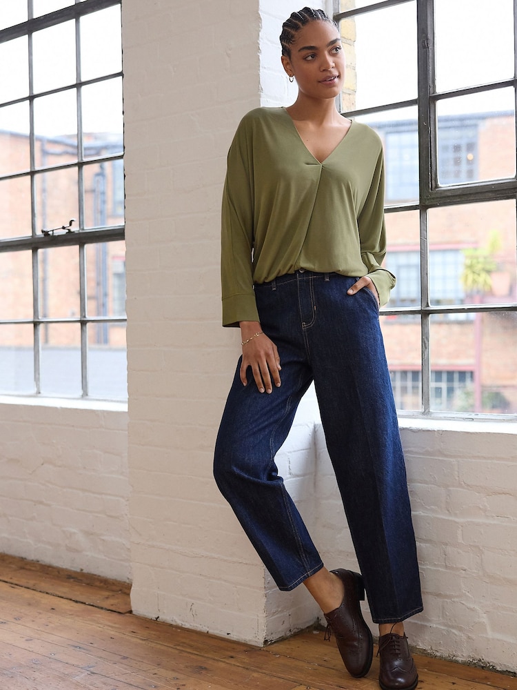 Olive Green Long Sleeve V-Neck Bubblehem Blouse - Image 2 of 7