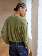 Olive Green Long Sleeve V-Neck Bubblehem Blouse - Image 3 of 7