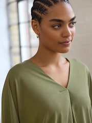 Olive Green Long Sleeve V-Neck Bubblehem Blouse - Image 4 of 7