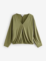 Olive Green Long Sleeve V-Neck Bubblehem Blouse - Image 5 of 7