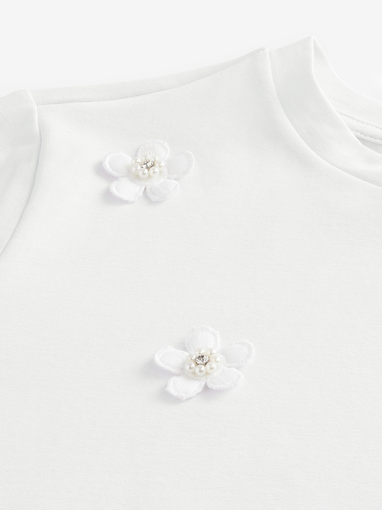 Белый - Short Sleeve Floral Print Embellished T-Shirt - Image 5 of 5