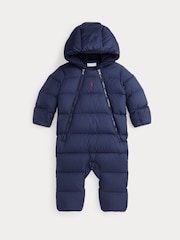 Polo Ralph Lauren Baby Navy Down Padded Hooded Romper Snowsuit - Image 1 of 3