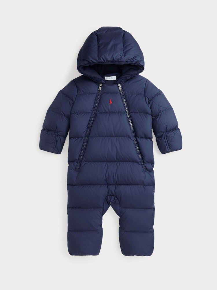 Polo Ralph Lauren Baby Navy Down Padded Hooded Romper Snowsuit - Image 1 of 3
