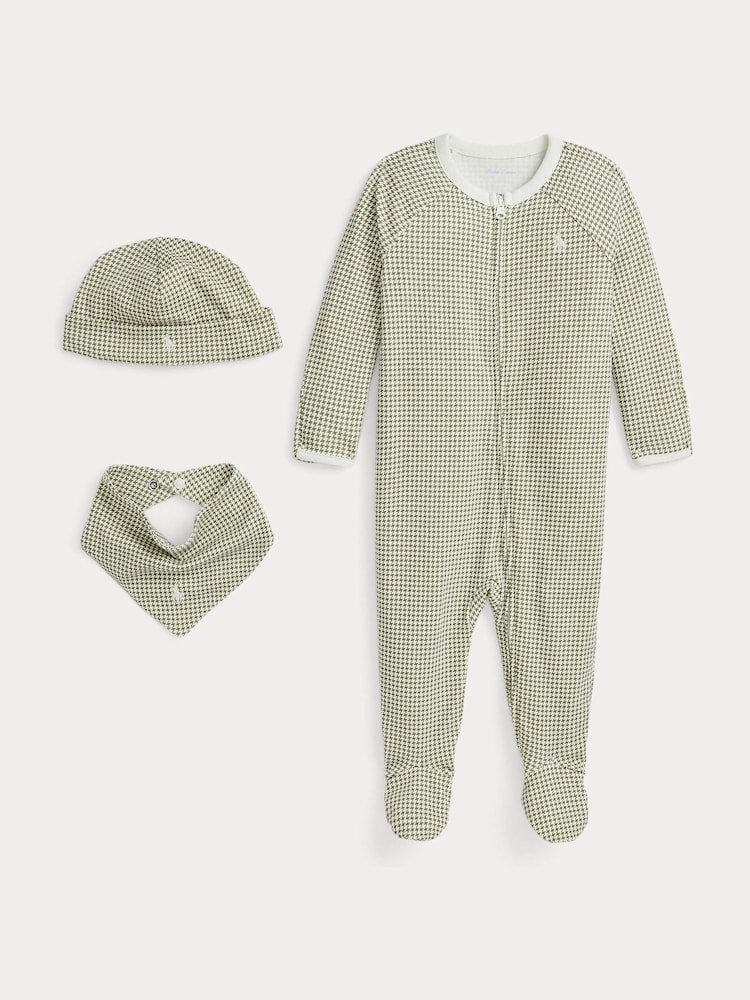 Polo Ralph Lauren Baby Beige Houndstooth 100% Cotton Print 3 Piece Gift Set - Image 1 of 2
