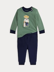 Polo Ralph Lauren Baby Green/Navy Polo Bear Jersey T-Shirt & Fleece Pant Set - Image 1 of 3