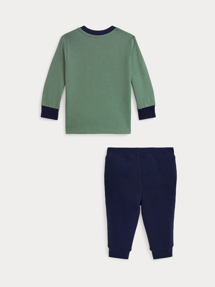 Polo Ralph Lauren Baby Green/Navy Polo Bear Jersey T-Shirt & Fleece Pant Set - Image 2 of 3