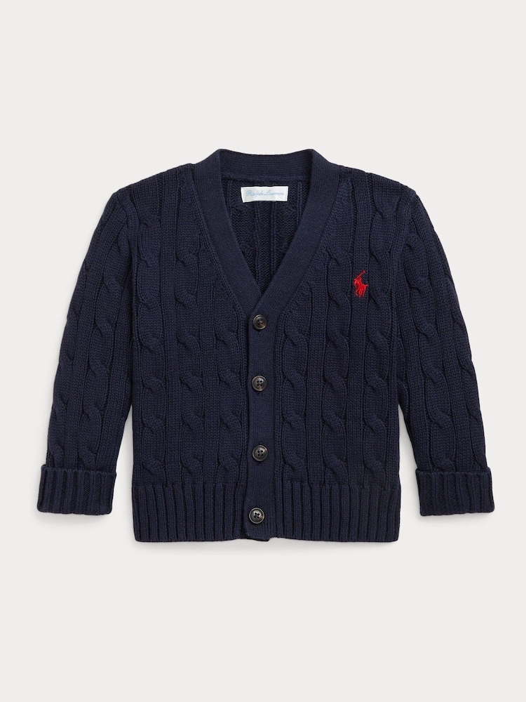 Polo Ralph Lauren Baby Navy Cable Knit 100% Cotton V-Neck Cardigan - Image 1 of 2