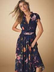 Navy Blue Floral Pleated Mesh Print V-Neck Occasion Midi Dress - Image 2 of 8