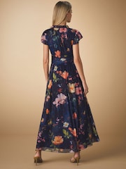 Navy Blue Floral Pleated Mesh Print V-Neck Occasion Midi Dress - Image 3 of 8
