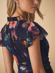 Navy Blue Floral Pleated Mesh Print V-Neck Occasion Midi Dress - Image 5 of 8