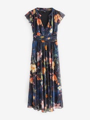 Navy Blue Floral Pleated Mesh Print V-Neck Occasion Midi Dress - Image 6 of 8