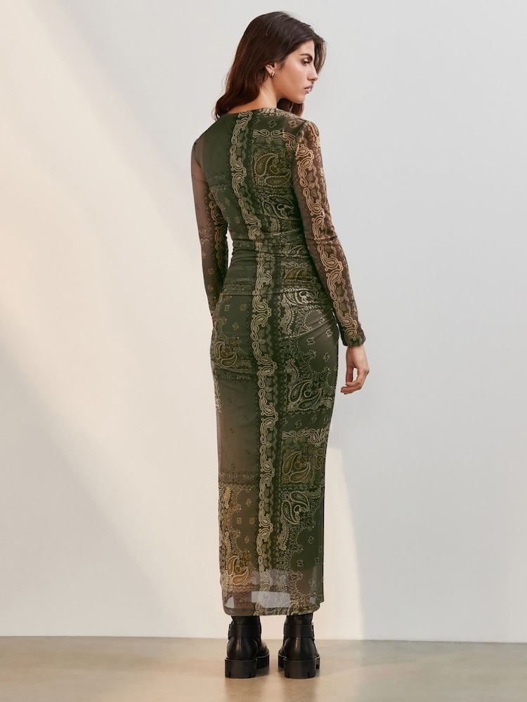 Khaki Green Scarf Print Long Sleeve Placement Floral Mesh Maxi Dress - Image 2 of 7