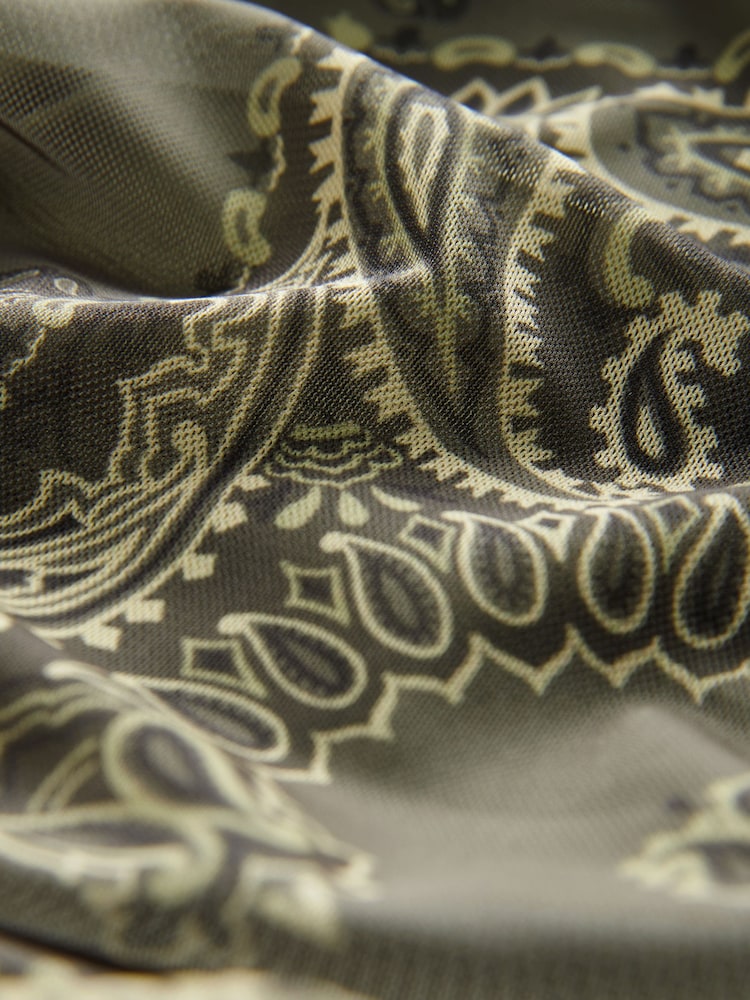 Khaki Green Scarf Print Long Sleeve Placement Floral Mesh Maxi Dress - Image 7 of 7
