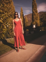 Red Brodery Strappy Wide Leg 100% Cotton Jumpsuit - Image 2 of 6