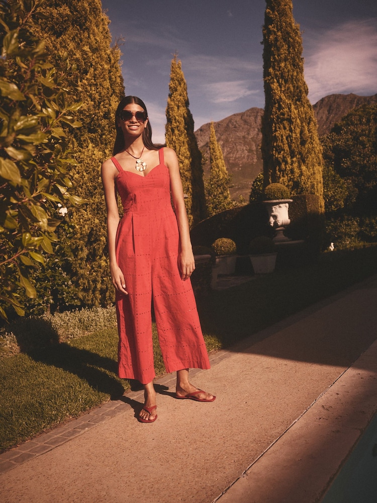 Red Brodery Strappy Wide Leg 100% Cotton Jumpsuit - Image 2 of 6