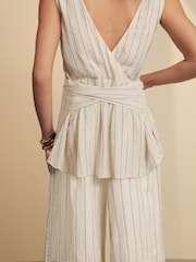 Neutral Stripe Tie Waist V-Neck Jumpsuit - Image 6 of 9