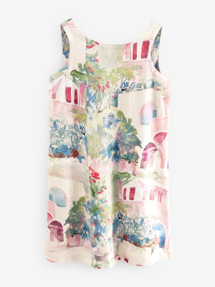 Cream Pink and Blue House Print Scoop Back Mini Shift Dress With Linen - Image 5 of 7