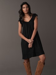 Black V-Neck Ruffle Sleeve Mini Dress with Linen - Image 2 of 5