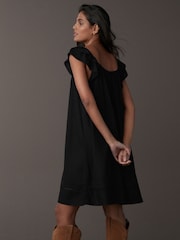 Black V-Neck Ruffle Sleeve Mini Dress with Linen - Image 4 of 5