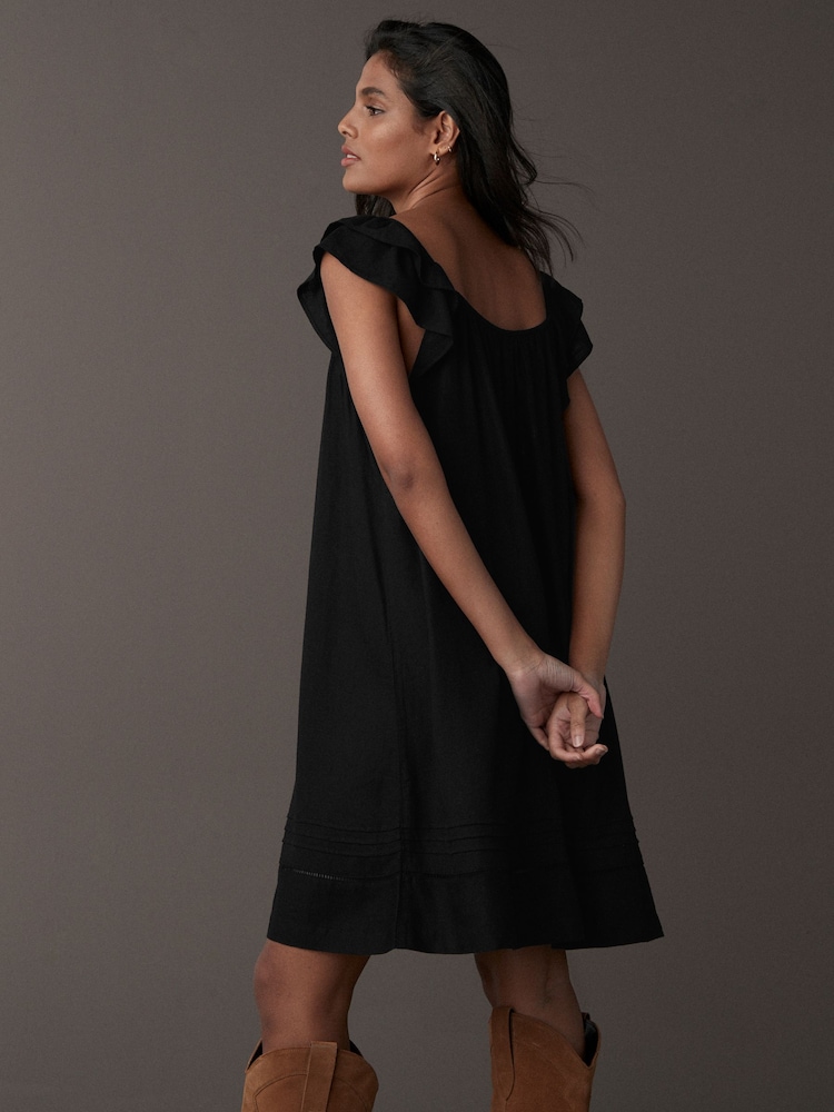 Black V-Neck Ruffle Sleeve Mini Dress with Linen - Image 4 of 5