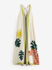 Tropical Leopard Placement Print Halterneck Maxi Dress With Linen - Image 1 of 5