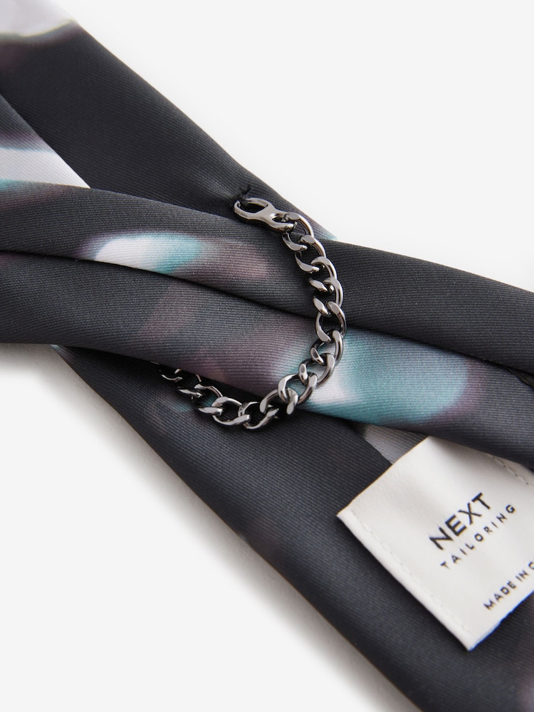 Black Mono Floral Skinny Slim Tie With Chain Keeperloop - Image 4 of 4