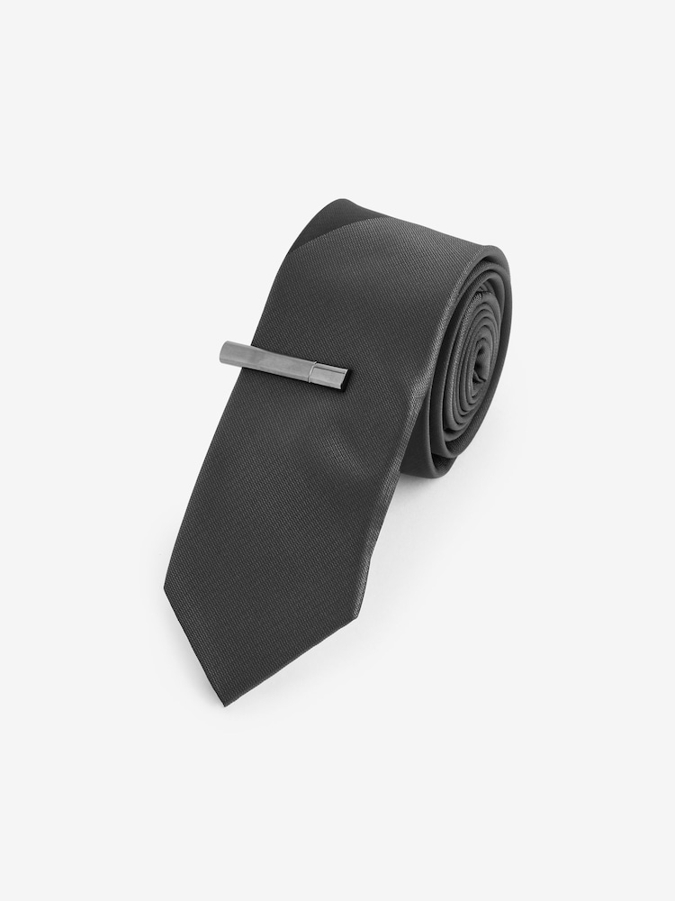 Black Slim Tonal Tie And Tie Clip - Image 1 of 3