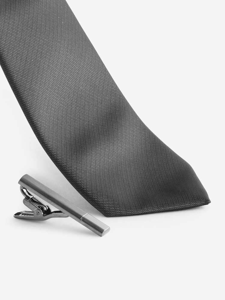 Black Slim Tonal Tie And Tie Clip - Image 2 of 3