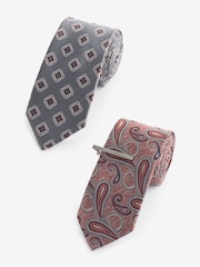 Grey Medallion/Rust Orange Paisley Design Ties And Clips 2 Pack - Image 1 of 5
