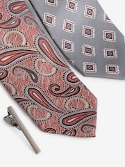 Grey Medallion/Rust Orange Paisley Design Ties And Clips 2 Pack - Image 4 of 5
