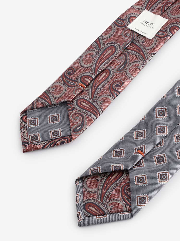Grey Medallion/Rust Orange Paisley Design Ties And Clips 2 Pack - Image 5 of 5