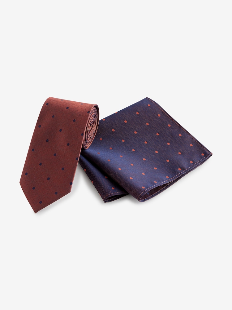 Rust Orange Polka Dot Slim Tie And Pocket Square Set - Image 2 of 6